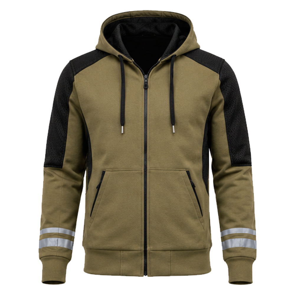 Kevlarix khaki and black protective motorcycle hoodie front view with reflective sleeve detailing