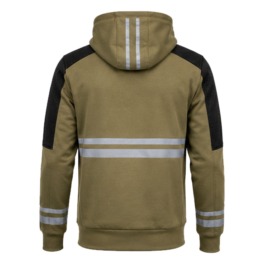 Kevlarix khaki and black motorcycle riding hoodie back view with reflective rear detailing
