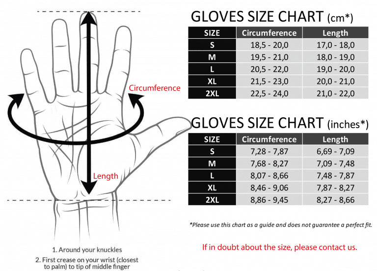 Size guide for black leather motorbike gloves with hand measurements