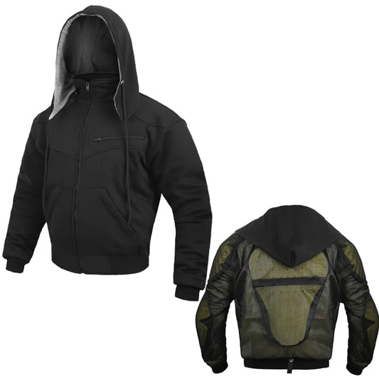 Black Motorcycle Hoodie with Removable Armor & Kevlar Lining for Men