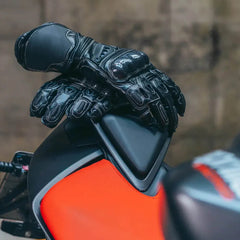 Black leather Kevlar motorcycle gloves for men with reinforced safety design