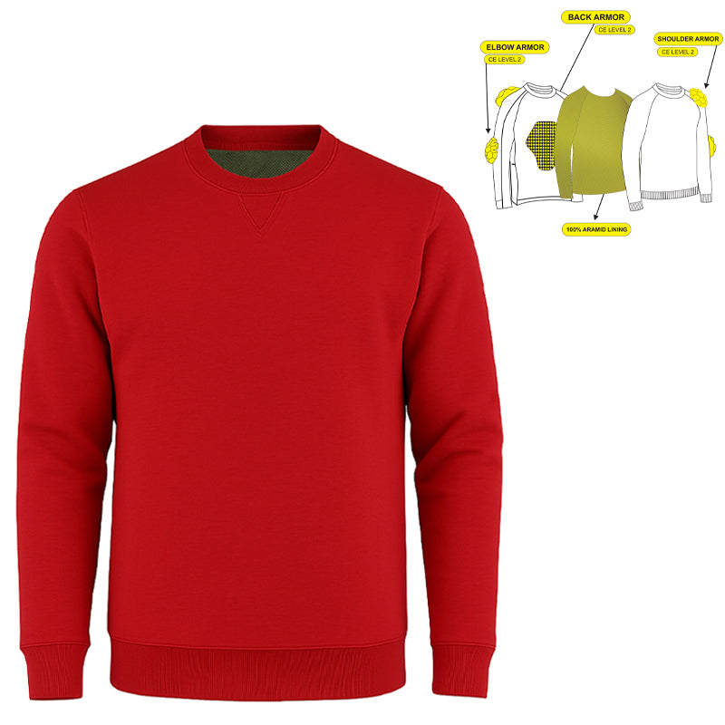 Red motorcycle armored sweatshirt with aramid lining and CE armor protection