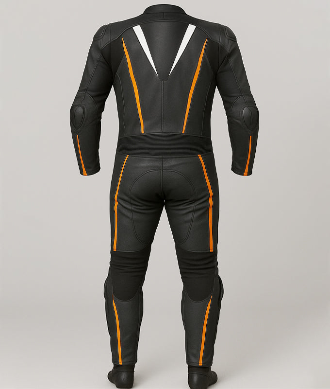 full-body leather motorcycle suit with aerodynamic race hump