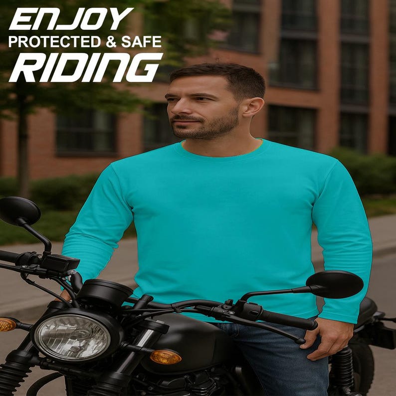 Rider wearing CE armored motorcycle riding shirt on bike for protection and style