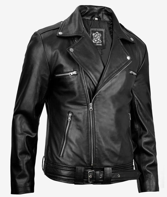 Men's Black Leather Moto Jacket Classic Bold Belted Leather Jackets
