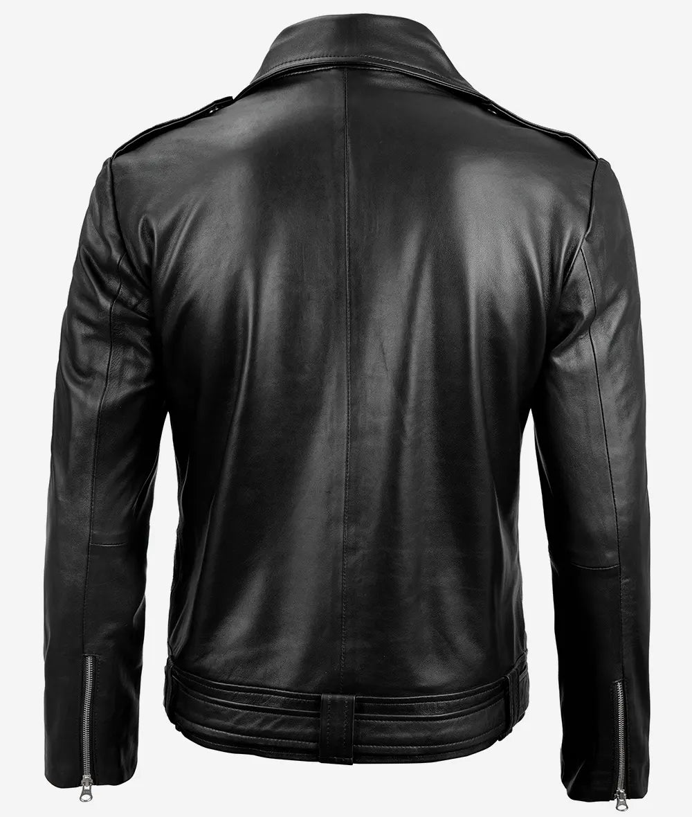 Back view of classic men's leather moto jacket with smooth finish and tailored fit