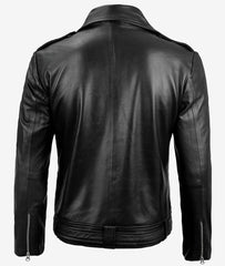 Back view of classic men's leather moto jacket with smooth finish and tailored fit