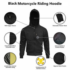 Motorcycle Hoodie Black Reinforced with Aramid Fiber Protectors Hoodies