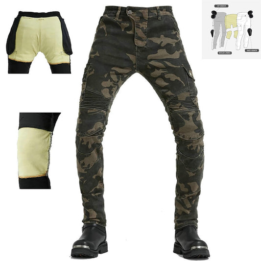 Kevlar motorcycle pants with CE armor and camo pattern