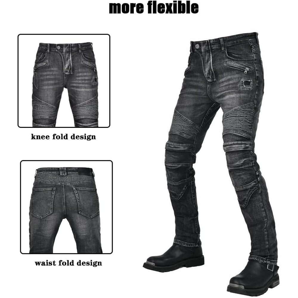 Armored motorcycle pants for men with stretch panels and mesh