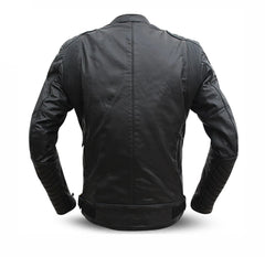 Black armored motorcycle leather jacket with shoulder and elbow padding