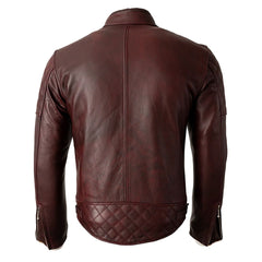 Armored motorcycle leather jacket with quilted shoulder and back panels