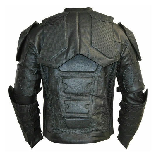 black superhero leather jacket with detailed stitching and protective padding