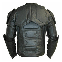 black superhero leather jacket with detailed stitching and protective padding