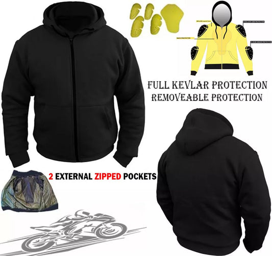 Men Black Fleece Hoodie With Kevlar Removeable Armor Motorcycle Hoodie