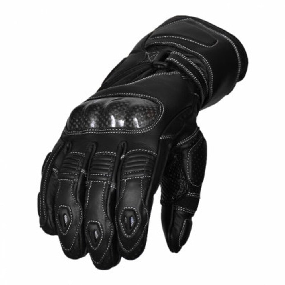 Hard knuckle protectors on black leather motorbike gloves for winter riding