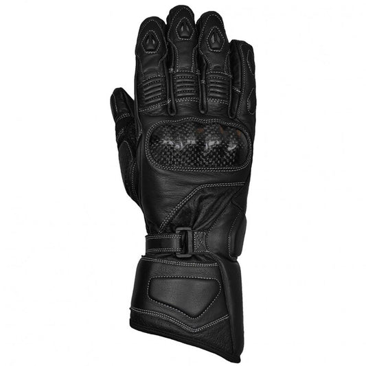 Warm insulated interior of black leather motorbike gloves for men