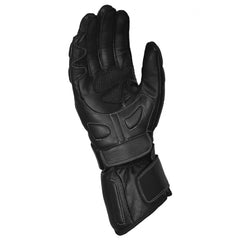 Reinforced palm grip on black leather motorbike gloves for winter rides