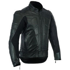 Breathable perforated panels on men's leather motorcycle jacket