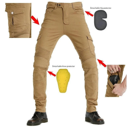 men's tan motorcycle pants with CE knee and hip armor