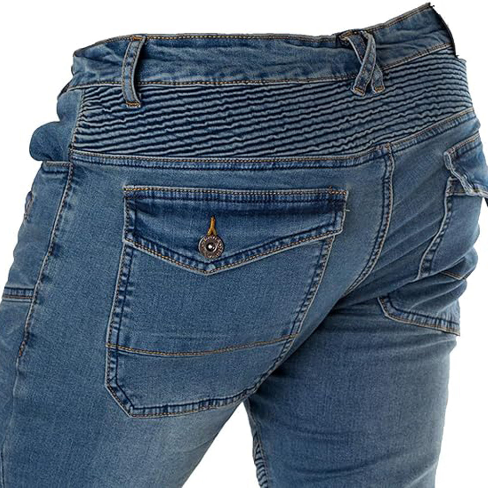 Protective riding jeans with aramid lining and stretch panels