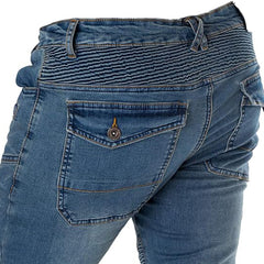 Protective riding jeans with aramid lining and stretch panels