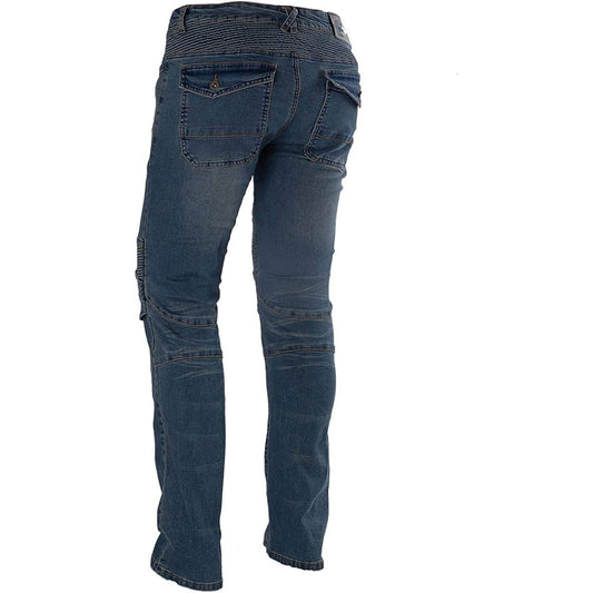 Blue kevlar motorcycle pants with yellow CE armor pads