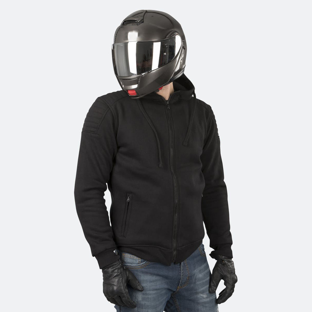 Black Kevlar motorcycle hoodie for men with CE armor