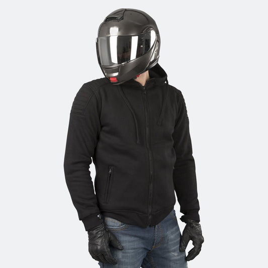 Black Kevlar motorcycle hoodie for men with CE armor