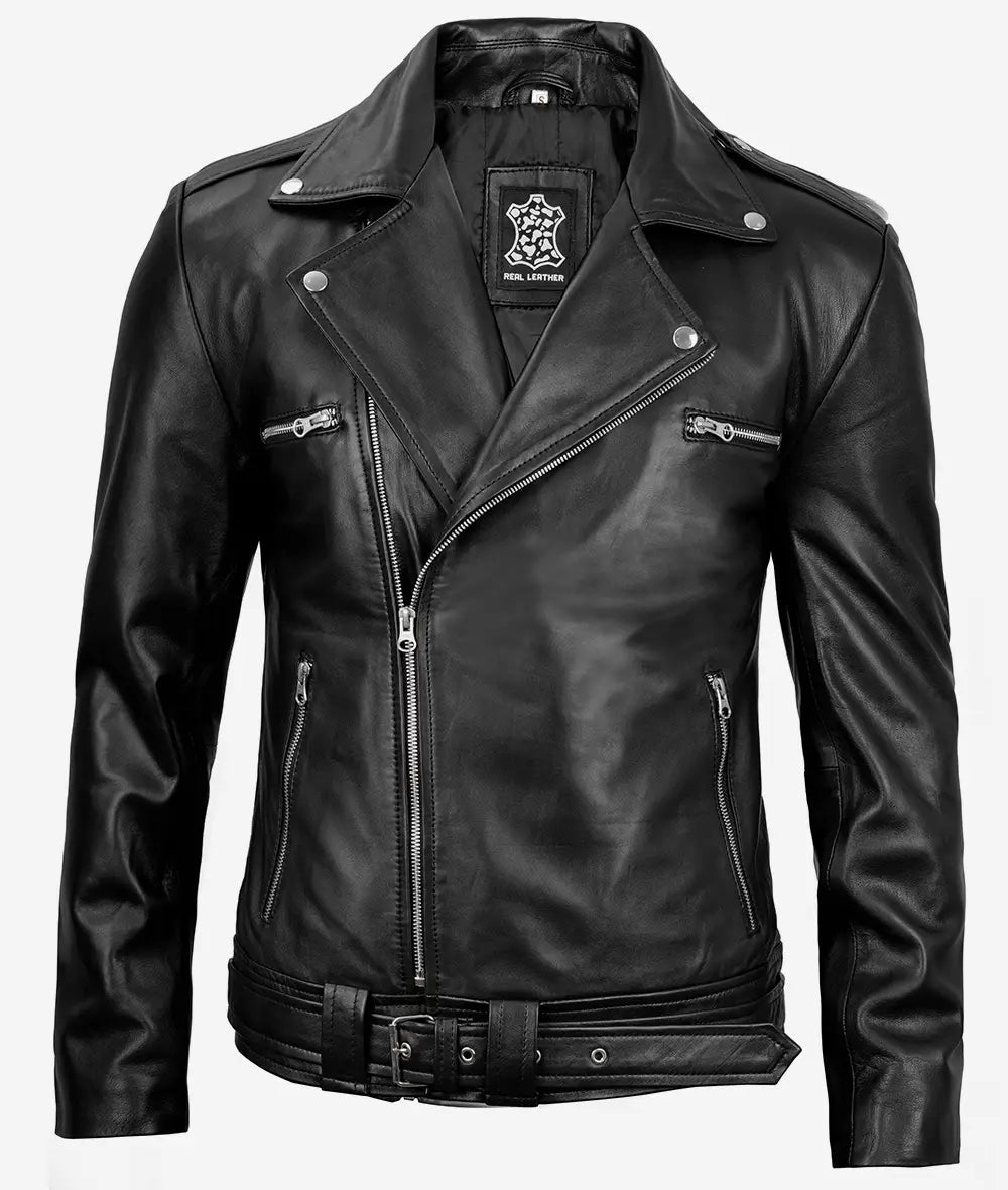 black leather moto jacket with zippered pockets and notch lapel collar