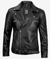 black leather moto jacket with zippered pockets and notch lapel collar