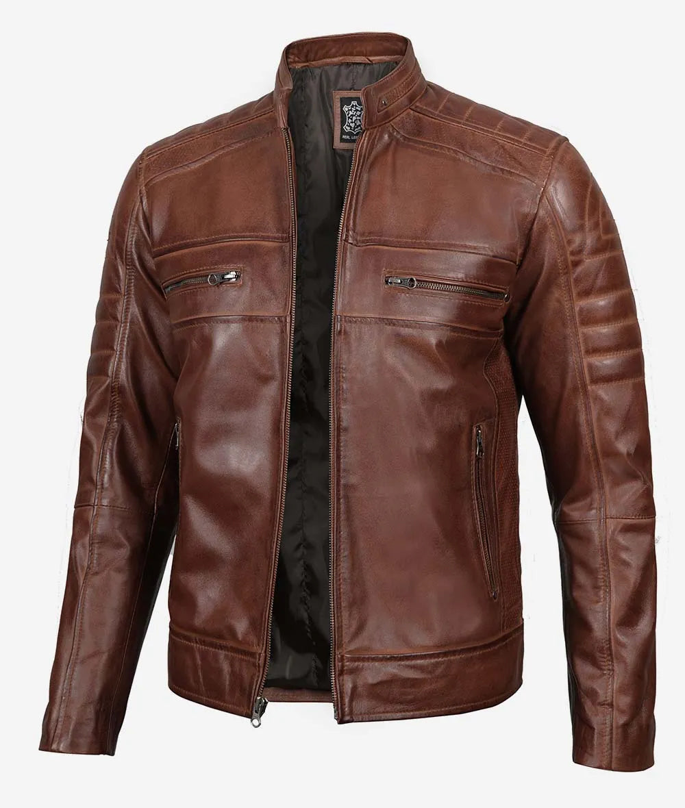 Slim-fit cafe racer leather jacket styled for modern motorcycle riders