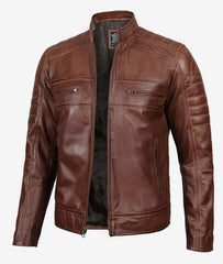 Slim-fit cafe racer leather jacket styled for modern motorcycle riders