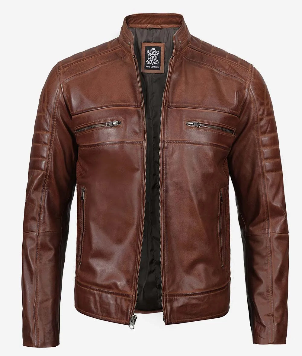 classic cafe racer leather jacket with snap-tab collar