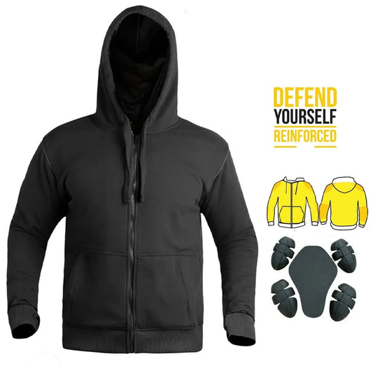 Black hoodie with text 'Defend Yourself Reinforced' and additional graphics on a white background