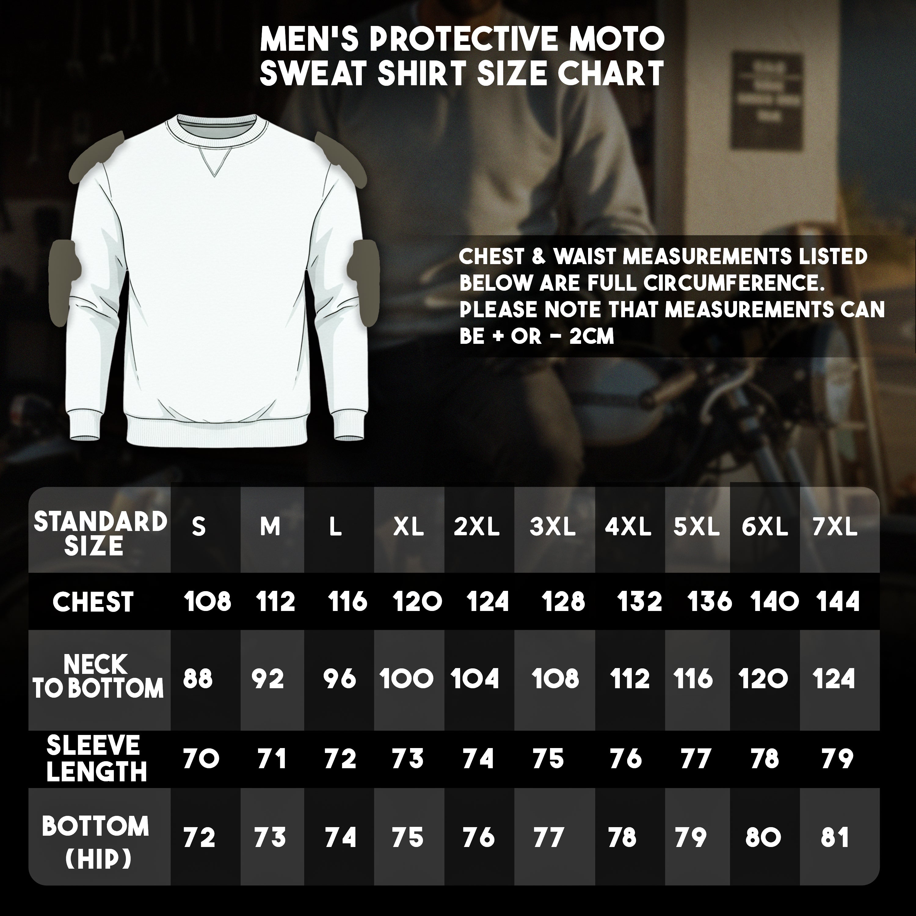 sweatshirt chest and sleeve measurement chart for riders